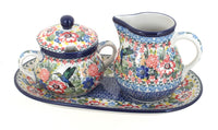 Polish Pottery Hummingbird Large Cream & Sugar Set with Tray