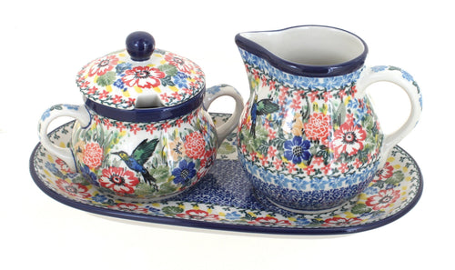 Polish Pottery Hummingbird Large Cream & Sugar Set with Tray