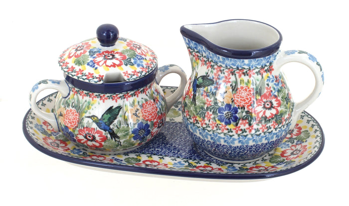 Polish Pottery Hummingbird Large Cream & Sugar Set with Tray