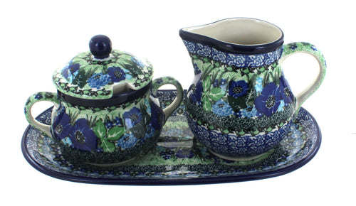 Polish Pottery Sapphire Fields Large Cream & Sugar Set with Tray
