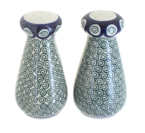 Polish Pottery Peacock Swirl Large Salt & Pepper Shakers