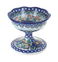 Polish Pottery Garden of Blue Pedestal Dessert Bowl