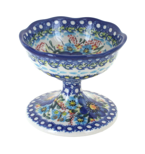 Polish Pottery Garden of Blue Pedestal Dessert Bowl