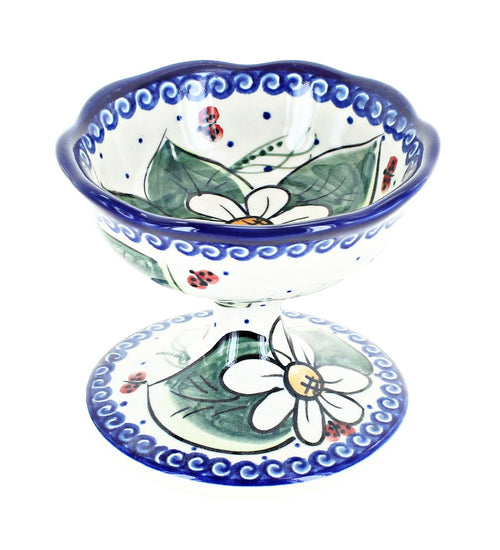 Polish Pottery Ladybug Pedestal Dessert Bowl