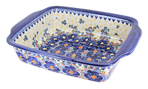 Polish Pottery Blue Dahlia Medium Rectangular Baker with Handles