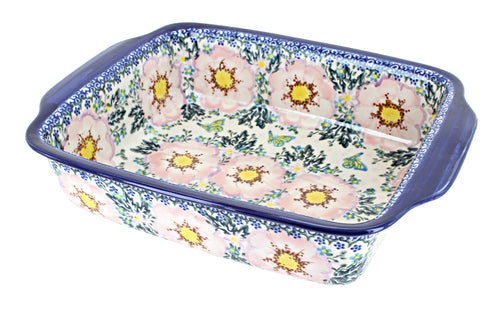 Polish Pottery Apple Blossom Medium Rectangular Baker with Handles