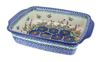 Polish Pottery Garden of Blue Medium Rectangular Baker with Handles