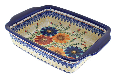 Polish Pottery Autumn Burst Medium Rectangular Baker with Handles
