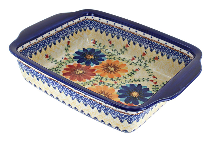 Polish Pottery Autumn Burst Medium Rectangular Baker with Handles