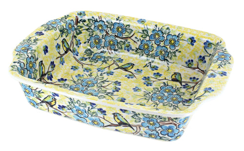 Polish Pottery Bluebird Garden Medium Rectangular Baker with Handles
