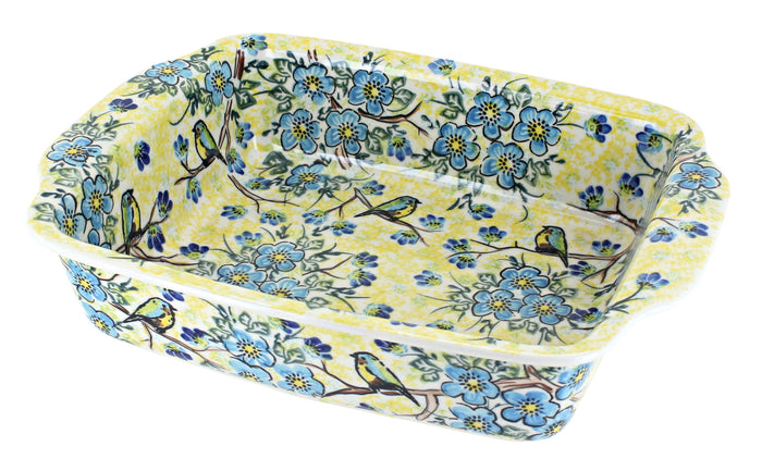 Polish Pottery Bluebird Garden Medium Rectangular Baker with Handles