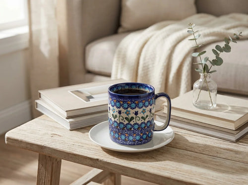 A ceramic mug with a blue and white floral pattern sits on a white saucer on a light wood table in a cozy living room setting.