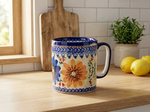 autumn burst coffee mug on wood counter by kitchen window