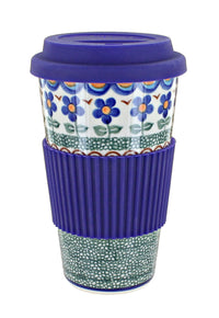 Aztec Flower Travel Coffee Mug Polish Pottery