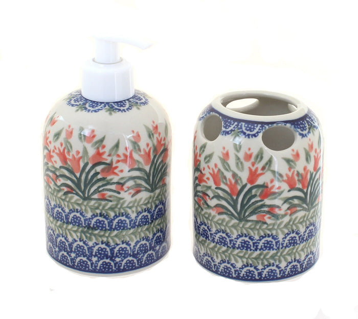 Polish Pottery Spring Tulip Soap Dispenser & Toothbrush Holder