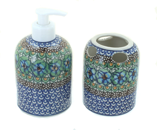 Polish Pottery Mardi Gras Soap Dispenser & Toothbrush Holder