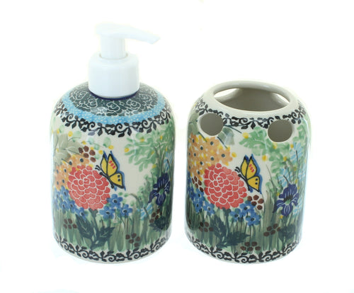 Polish Pottery Teresa Soap Dispenser & Toothbrush Holder