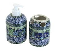 Polish Pottery Sapphire Fields Soap Dispenser & Toothbrush Holder
