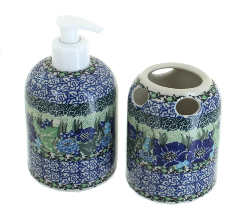Polish Pottery Sapphire Fields Soap Dispenser & Toothbrush Holder