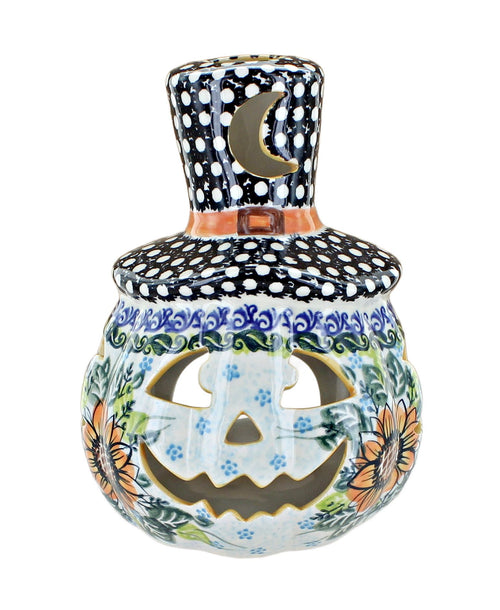 Polish Pottery Sunflower Splendor Pumpkin Luminary with Top Hat