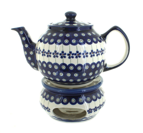 Polish Pottery Flowering Peacock Teapot with Warmer