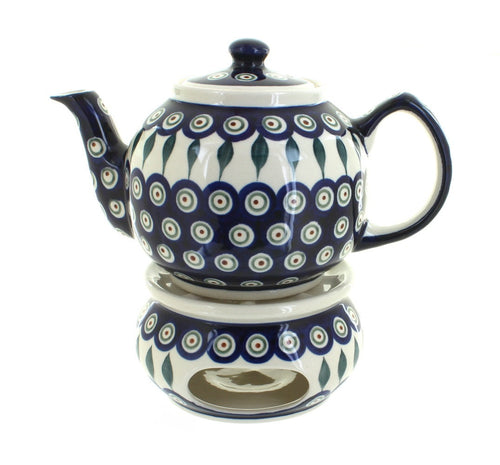 Polish Pottery Peacock Teapot with Warmer