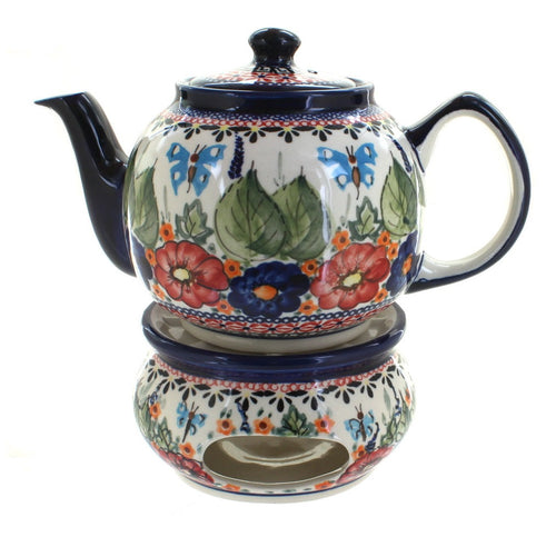 Polish Pottery Floral Butterfly Teapot with Warmer