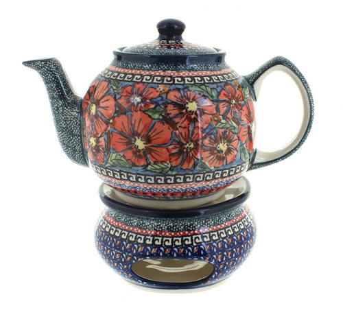 Polish Pottery Jungle Flower Teapot with Warmer