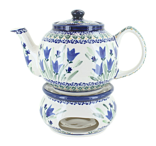 Polish Pottery Blue Tulip Teapot with Warmer