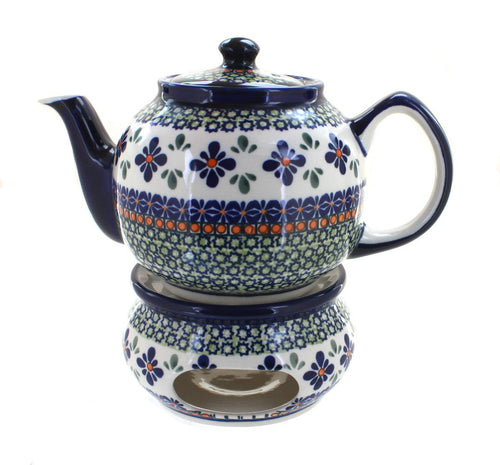 Polish Pottery Mosaic Flower Teapot with Warmer