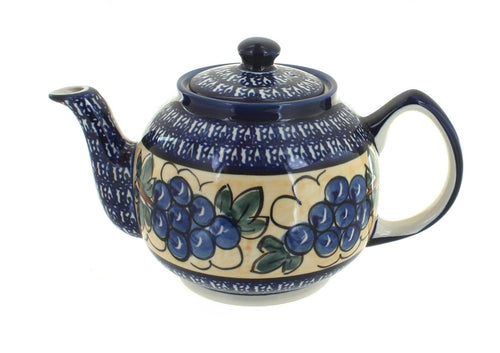 Polish Pottery Grapes Medium Teapot with Cobalt Trim