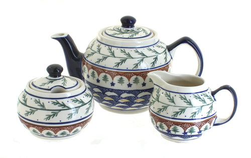 Polish Pottery Evergreen Three Piece Tea Set