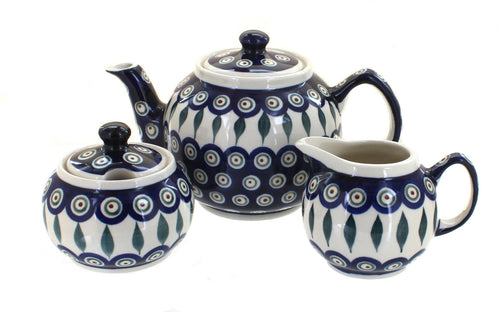 Polish Pottery Peacock Three Piece Small Tea Set