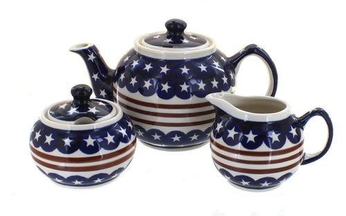 Polish Pottery Stars & Stripes Three Piece Tea Set