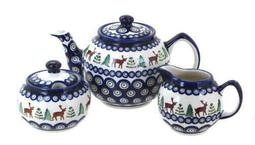 Polish Pottery Reindeer Pine Three Piece Tea Set