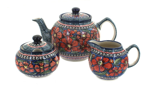 Polish Pottery Jungle Flower Three Piece Tea Set