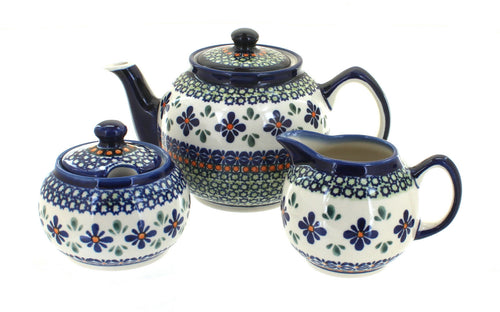 Polish Pottery Mosaic Flower Three Piece Tea Set