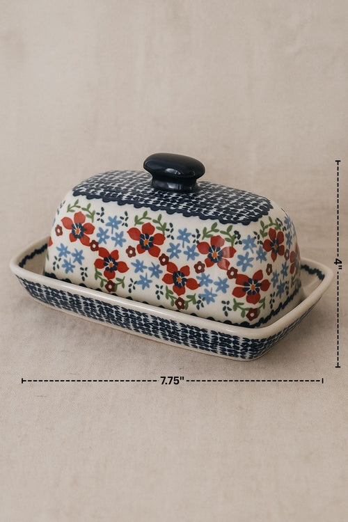 Red Poppy Butter Dish Polish Pottery