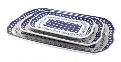 Polish Pottery Blue Violet 3 Piece Rectangular Serving Tray Set