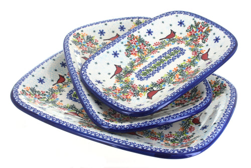 Polish Pottery Winter Cardinal 3 Piece Rectangular Serving Set