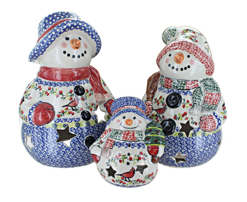 Polish Pottery Cardinal Holly Snowman Luminary Set