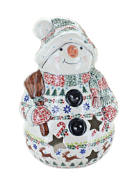 Polish Pottery Christmas Joy Snowman with Broomstick Luminary