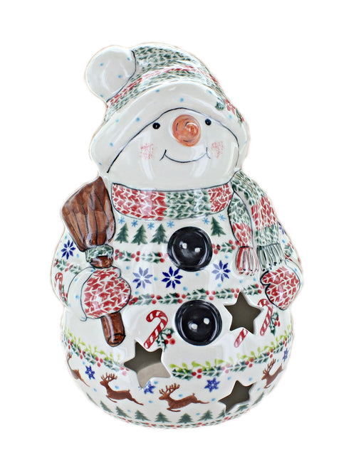 Polish Pottery Christmas Joy Snowman with Broomstick Luminary