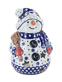 Polish Pottery Snowflake Snowman with Broomstick Luminary