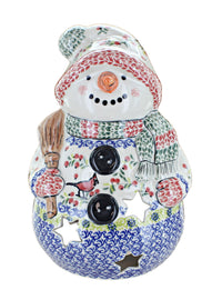 Cardinal Holly Snowman with Broomstick Luminary Polish Pottery
