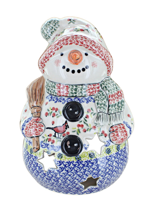 Cardinal Holly Snowman with Broomstick Luminary Polish Pottery