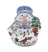Cardinal Holly Small Snowman Luminary Polish Pottery