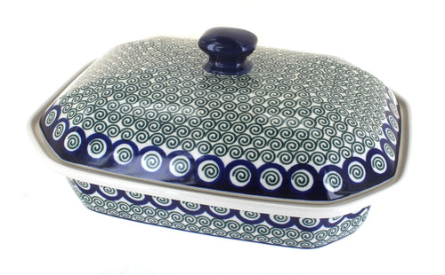 Polish Pottery Peacock Swirl Large Covered Baker