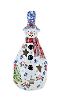 Polish Pottery Winter Bouquet Tall Snowman Luminary