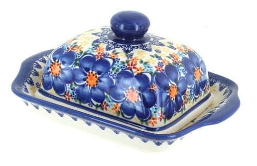 Polish Pottery Blue Dahlia Square Butter Dish